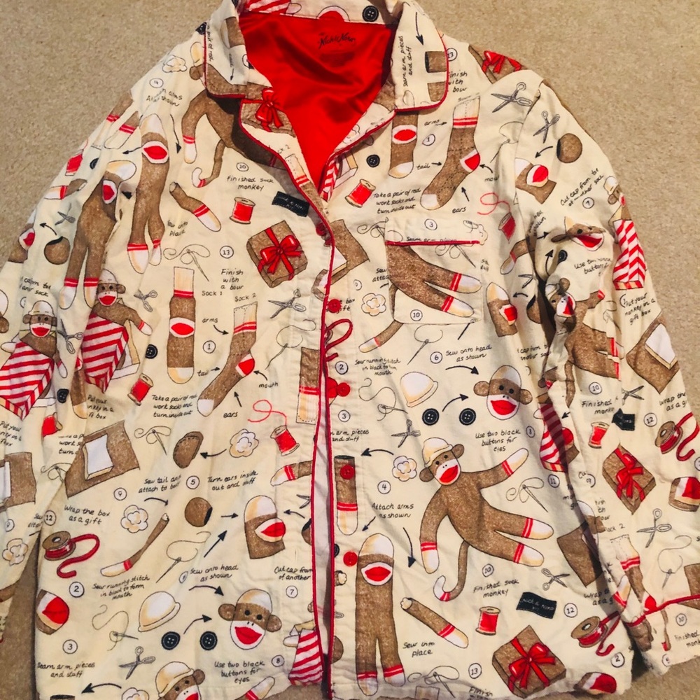 Nick & Nora Sock Monkey Flannel Pajama Top Size M